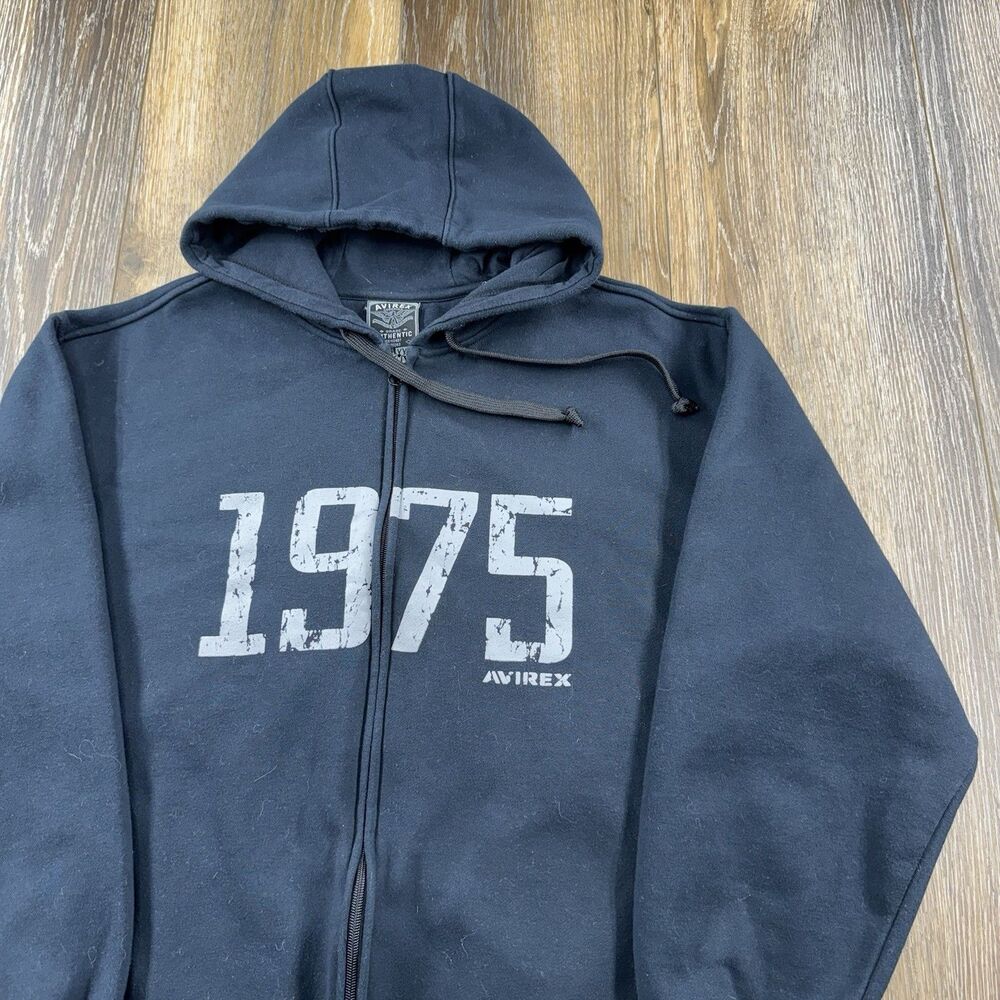 Vintage Avirex Hoodie Mens XXL Black Sweatshirt 1975 Spellout Heavy Zip Up Y2K